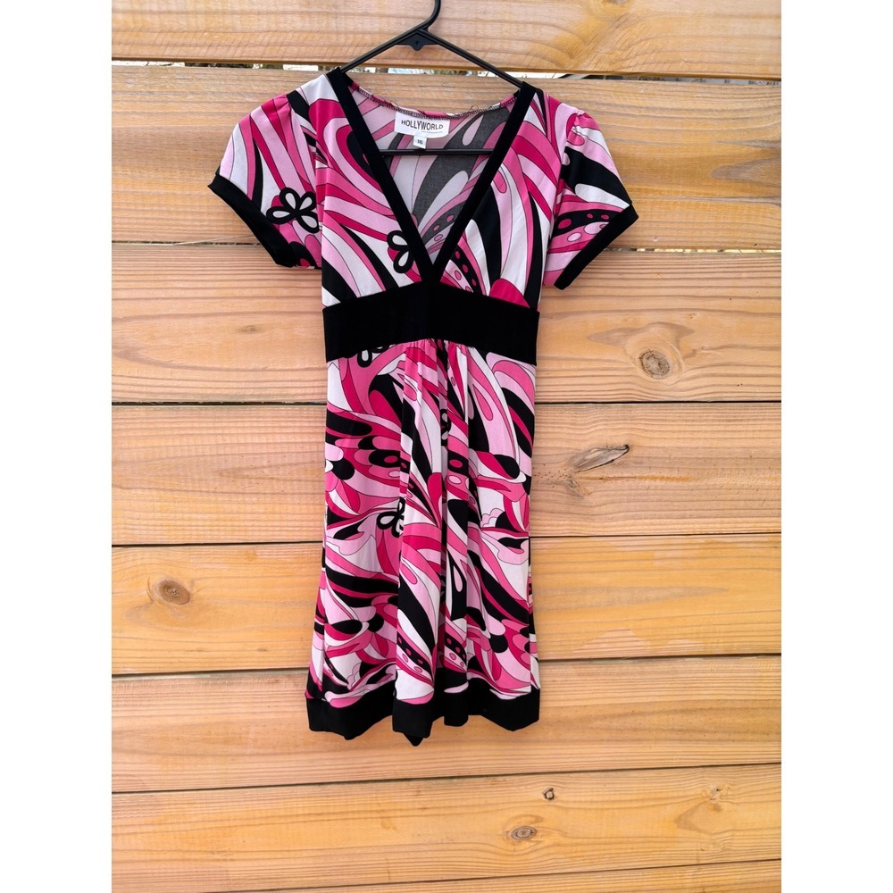 Hollyworld Pink Psychedelic Swirl Mini Dress V-Neck Empire Waist Size 16 Retro